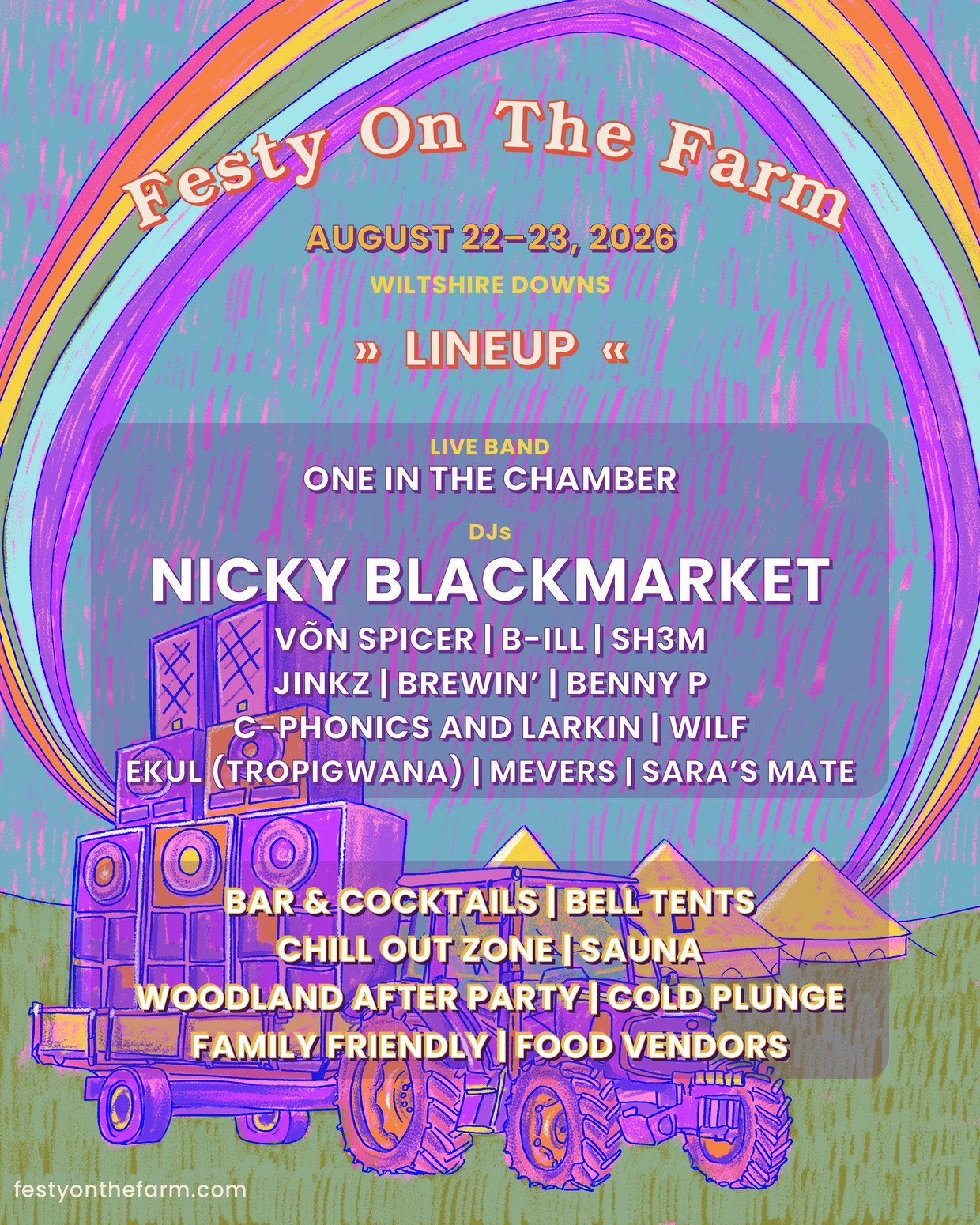 Festy On The Farm 2026 lineup poster &mdash; Live Band One In The Chamber; DJs Nicky Blackmarket, V&otilde;n Spicer, B-ILL, SH3M, JinkZ, Brewin', Benny P, C-Phonics and Larkin, WILF, Ekul (Tropigwana), Mevers, Sara's mate